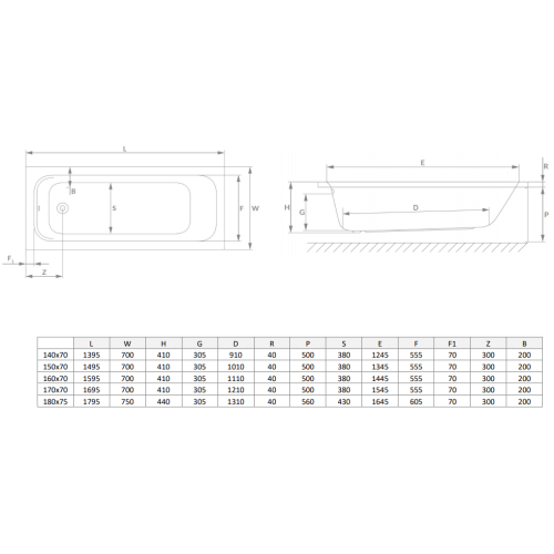 Ванна акрилова RADAWAY MIA 180x75 (WA1-50-180x075S) + ніжки (NWE-68) + сифон R135L