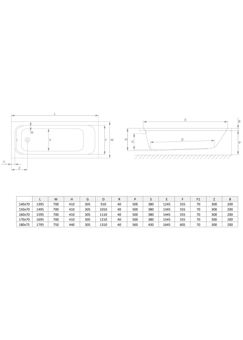 Ванна акрилова RADAWAY MIA 150x70 (WA1-50-150x070S) + ніжки (NWE-68) + сифон R135L