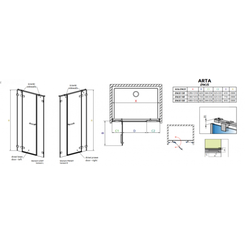 Душові двері RADAWAY Arta DWJS 130 386455-03-01L + 386122-03-01L