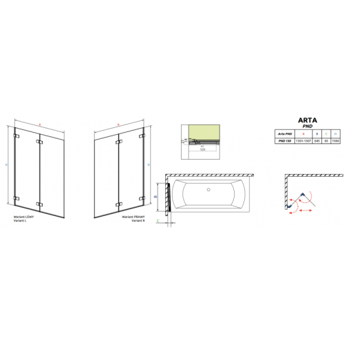 Шторка для ванни RADAWAY Arta PND 130, 210213-01R