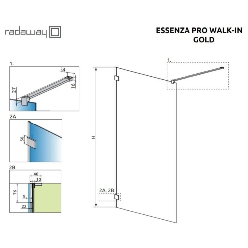 Душова кабіна RADAWAY Essenza Pro Gold Walk-in 1100x2000 золотий/прозоре скло 10103110-09-01