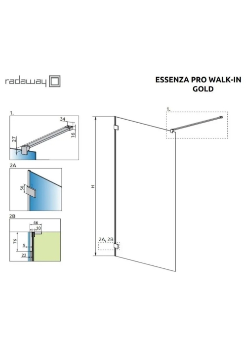 Душова кабіна RADAWAY Essenza Pro Gold Walk-in 600x2000 золотий/прозоре скло 10103060-09-01