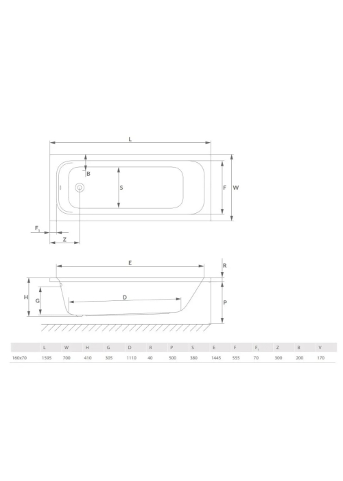 Ванна акрилова RADAWAY MIA 170x70 (WA1-55-170x070) + ніжки (NWE-68)