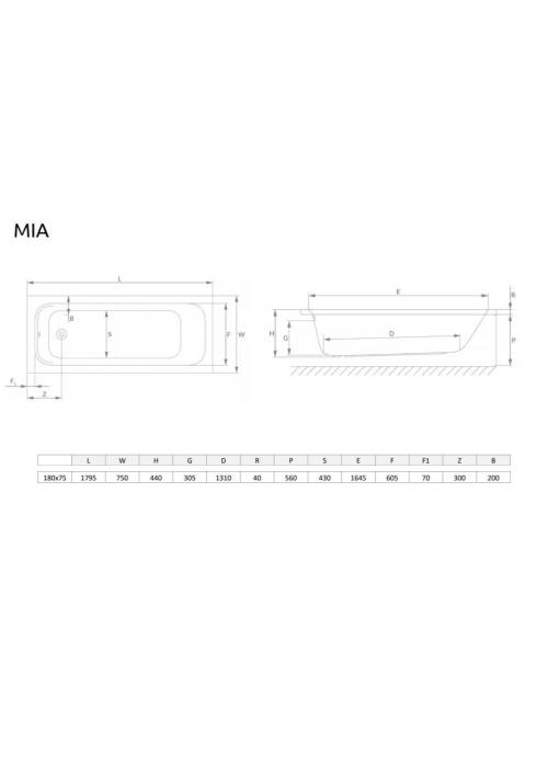 Ванна акрилова Radaway MIA Eco 180x75 з ніжками WA1-55-180x075