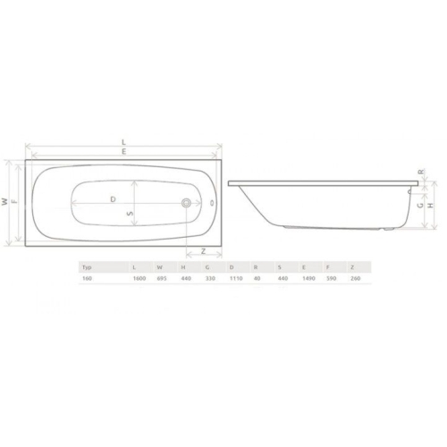 Ванна акрилова RADAWAY Tesalia 160x70 (WA1-06-160x070US) + ніжки (NWE-68) + сифон R135