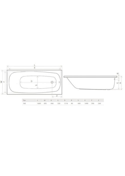 Ванна акриловая RADAWAY Tesalia 160x70 (WA1-06-160x070US) + ножки (NWE-68) + сифон R135