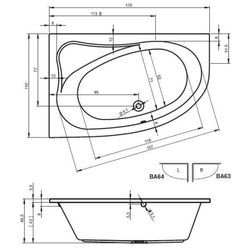 Ванна Riho LYRA 170X110 L BA64