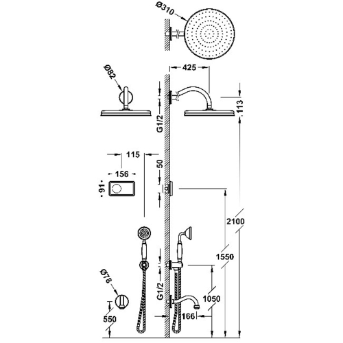 Душова система з термостатом Tres Clasic Shower Technology, з ел. кер. (верх.душ Ø 300 мм), стара латунь, 09226301LV