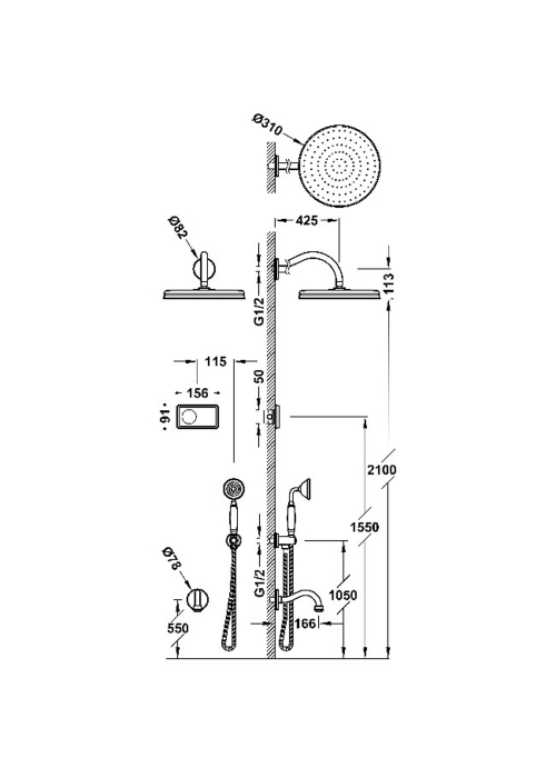 Душова система з термостатом Tres Clasic Shower Technology, з ел. кер. (верх.душ Ø 300 мм), стара латунь, 09226301LV