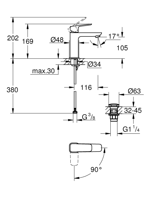 Одноважільний змішувач для раковини Grohe Cubeo M-розміру 1017570000