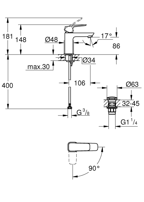 Одноважільний змішувач для раковини Grohe Cubeo S-розміру 1017320000