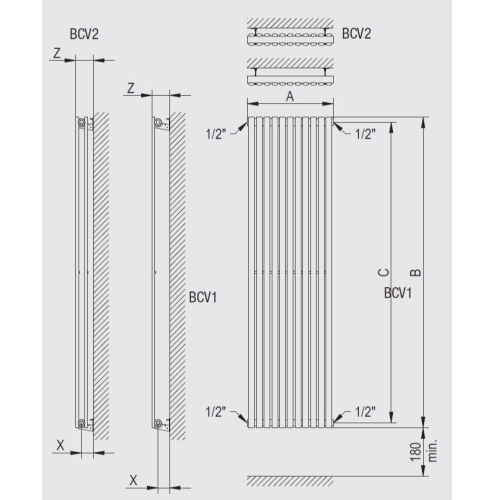 Вертикальний радіатор Betatherm  Elipse 1 1800*445 (Чорний RAL9005M, підк. №99) BCV 1180/11 9005M 99