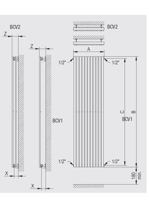 Вертикальный радиатор Betatherm Elipse 1 1800*445 (Черный RAL9005M, подк. №99) BCV 1180/11 9005M 99