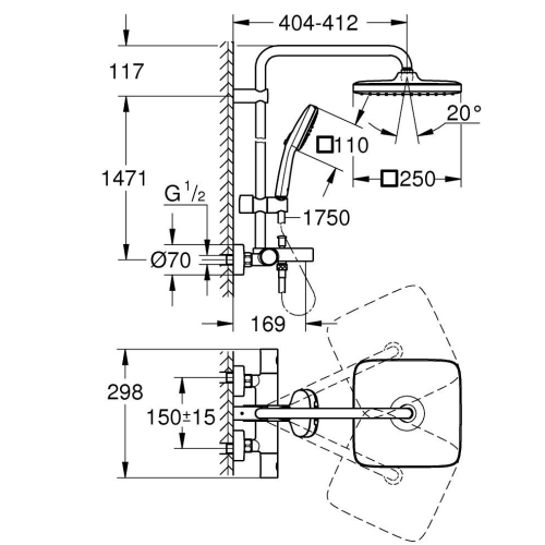 Душевая система настенного монтажу з термостатом для ванни Grohe Tempesta System 250 Cube (26691001)