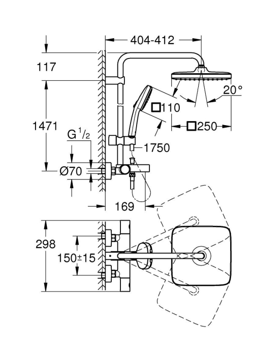 Душевая система настенного монтажу з термостатом для ванни Grohe Tempesta System 250 Cube (26691001)