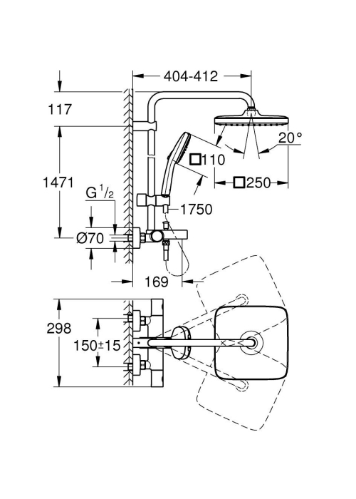 Душевая система настенного монтажу з термостатом для ванни Grohe Tempesta System 250 Cube (266912431)