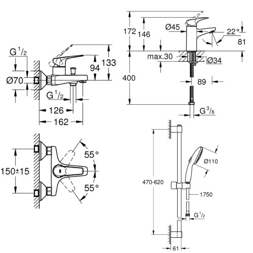 Комплект змішувачів для ванної кімнати 3 в 1 Grohe Bau Flow UA121624S1