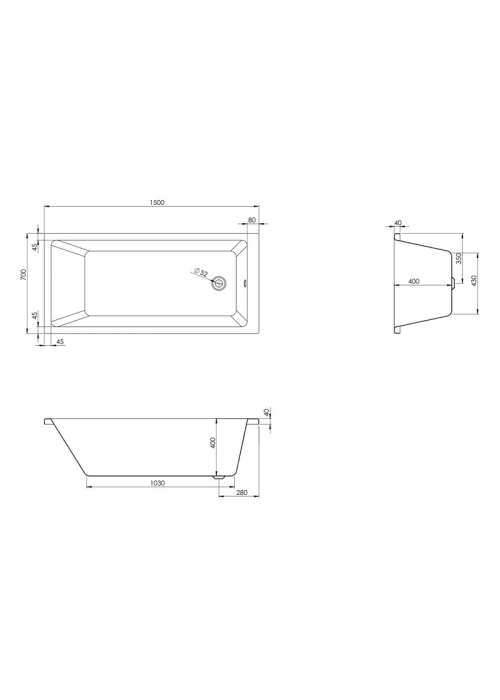 Чеська ванна прямокутна акрилова HES DAO 150x70 CZ з ніжками HDA15070W