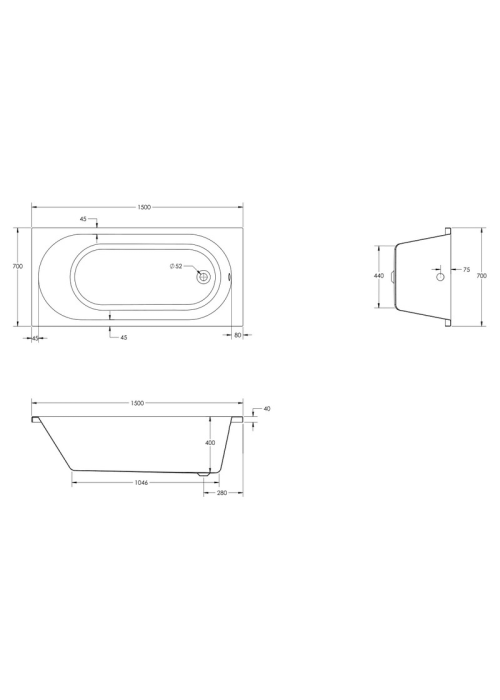 Чеська ванна прямокутна акрилова HES EVO 150x70 CZ з ніжками HEV15070W