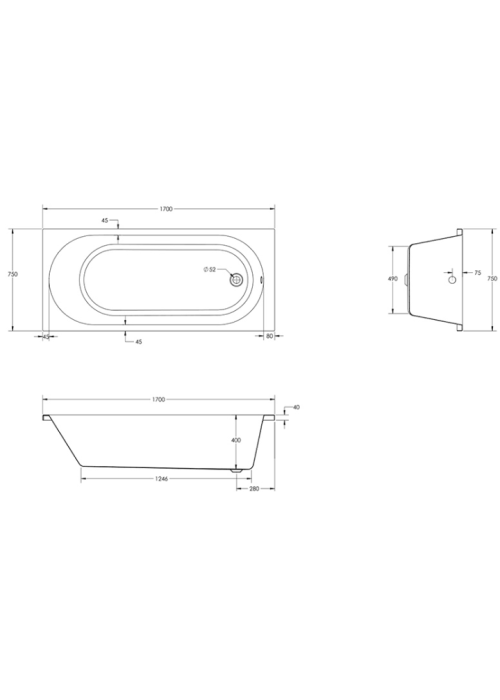 Чеська ванна прямокутна акрилова HES EVO 170x75 CZ з ніжками HEV17075W