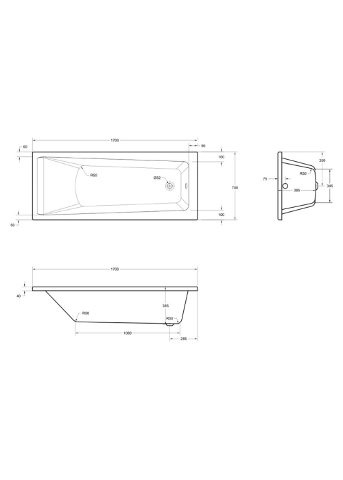 Чеська ванна прямокутна акрилова HES INDIGO 170x70 CZ з ніжками HIN17070W