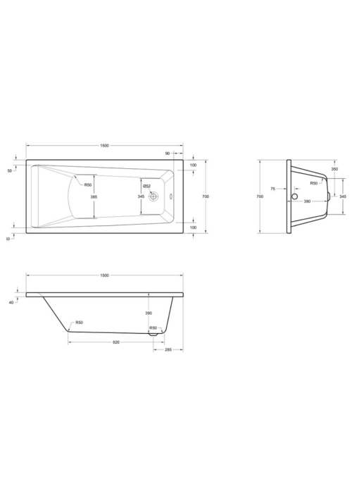 Чеська ванна прямокутна акрилова HES INDIGO 150x70 CZ з ніжками HIN15070W