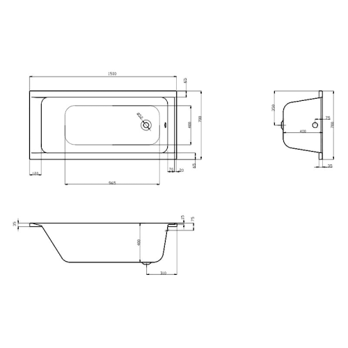 Чеська ванна прямокутна акрилова HES ONE 150x70 CZ з ніжками HON15070W