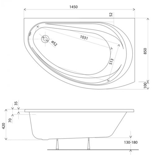 Ванна акрилова KOLO SUPERO 150 х 100 правостороння,  + ніжки SN14 5536000