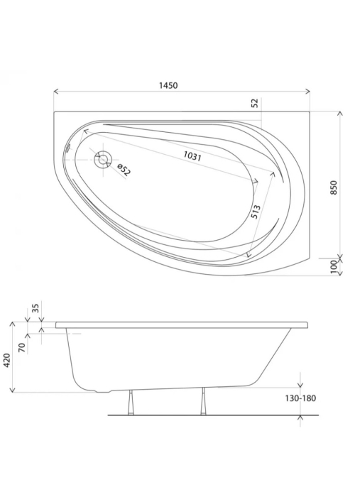 Ванна акрилова KOLO SUPERO 150 х 100 правостороння,  + ніжки SN14 5536000