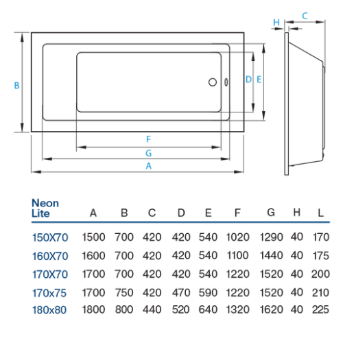 Ванна акрилова прямокутна Koller Neon Light 170х70 NEONLIGHT170X70