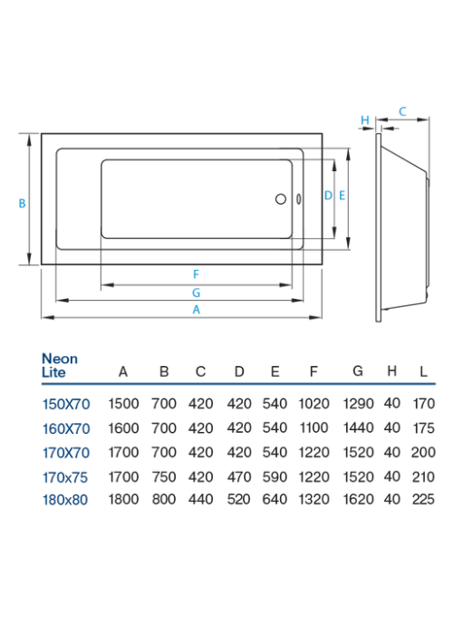 Ванна акрилова прямокутна Koller Neon Light 170х70 NEONLIGHT170X70