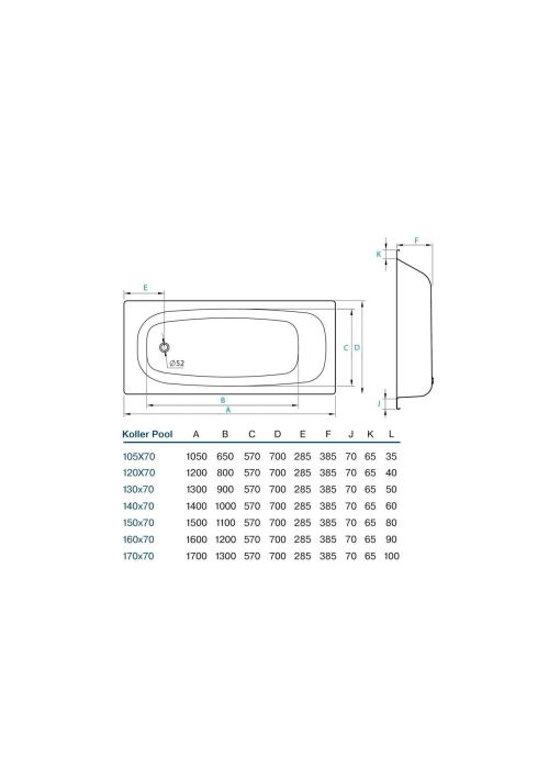 Ванна сталева прямокутна KOLLER POOL 150х70E (B50E1200E)