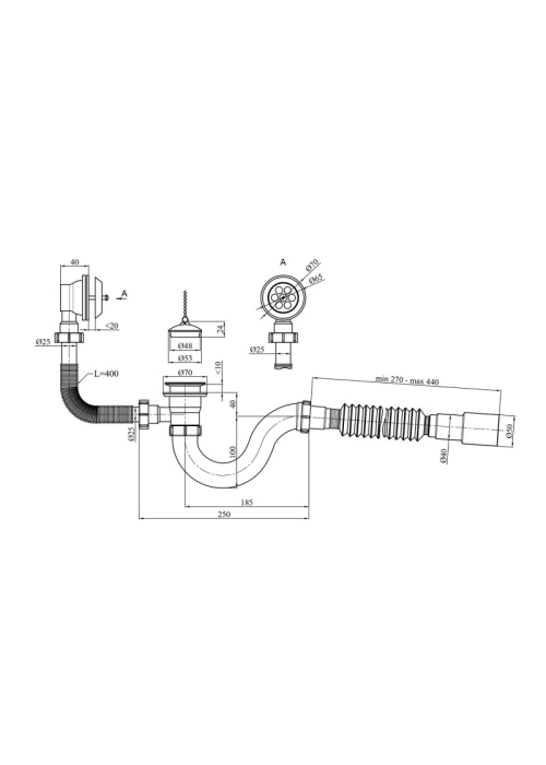 Сифон для ванни Kroner KRP - BS02 1 1/2"х40/50 з переливом, прямоточний