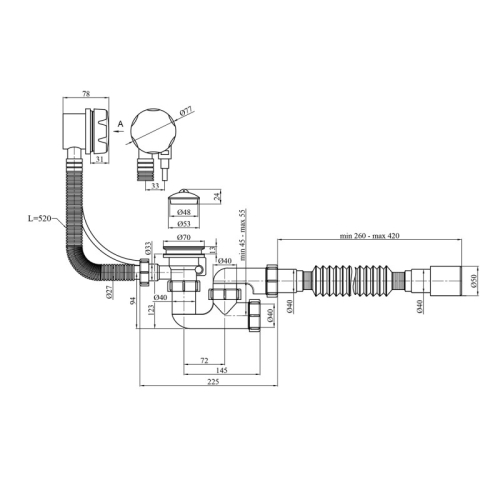 Сифон для ванної Kroner KRP - BS05P 1 1/2"х40/50 з системою Сlick - Сlack, з переливом та ревізією