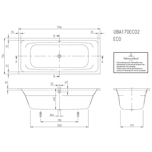 Ванна VILLEROY&BOCH TARGA STYLE 170/70 см, UBA177FRA2V-01