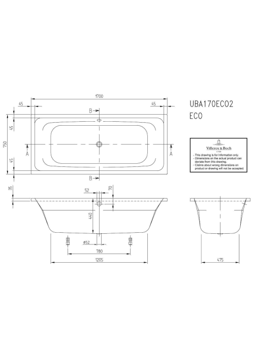 Ванна VILLEROY&BOCH  TARGA STYLE 170/70 см, UBA177FRA2V-01