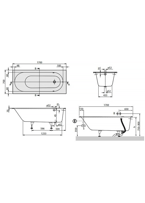 Ванная квариловая прямоугольная VILLEROY & BOCH Oberon 170х70 + ножки uBQ177OBE2V-01