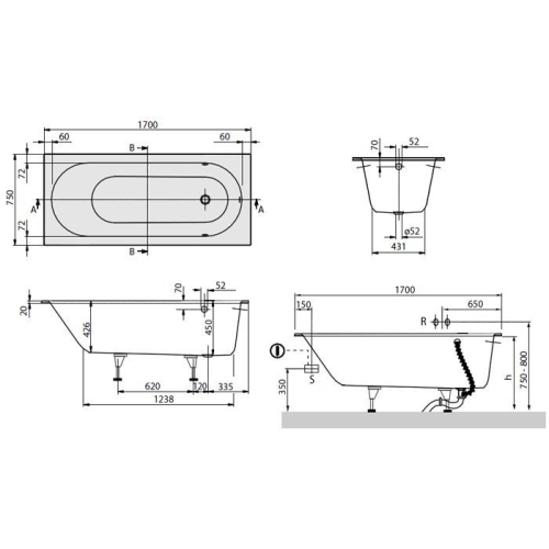 Ванна кварила VILLEROY & BOCH Oberon (UBQ170OBE2V-01) 170х75 + ніжки U99740000