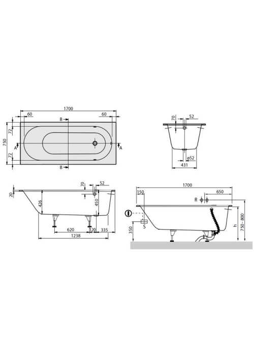 Ванна кварила VILLEROY & BOCH Oberon (UBQ170OBE2V-01) 170х75 + ніжки U99740000