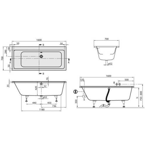 Ванна VILLEROY&BOCH SUBWAY 160*70см UBA167SUB2V-01