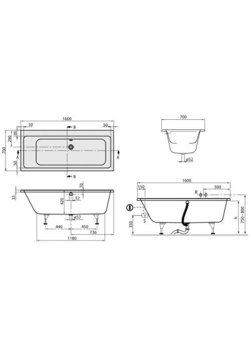 Ванна VILLEROY&BOCH SUBWAY 160*70см UBA167SUB2V-01