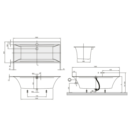 Ванна VILLEROY&BOCH SQUARO EDGE 12 180*80см (ніжки + комплект злив/перелив) UBQ180SQE2DV-01