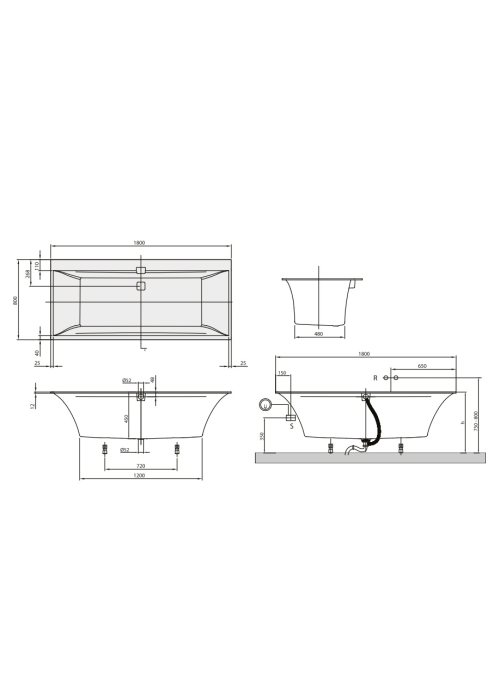 Ванна VILLEROY&BOCH SQUARO EDGE 12 180*80см (ніжки + комплект злив/перелив) UBQ180SQE2DV-01