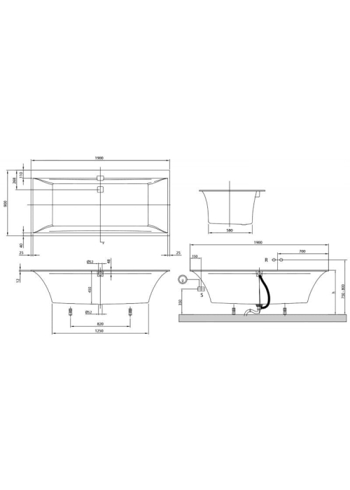 Ванна VILLEROY&BOCH SQUARO EDGE 12 190*90см (ніжки+комплект злив/перелив) UBQ190SQE2DV-01