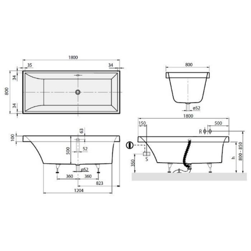 Ванна прямокутна VILLEROY&BOCH SQUARO 180*80см, в комплекті з ніжками, UBQ180SQR2V-01