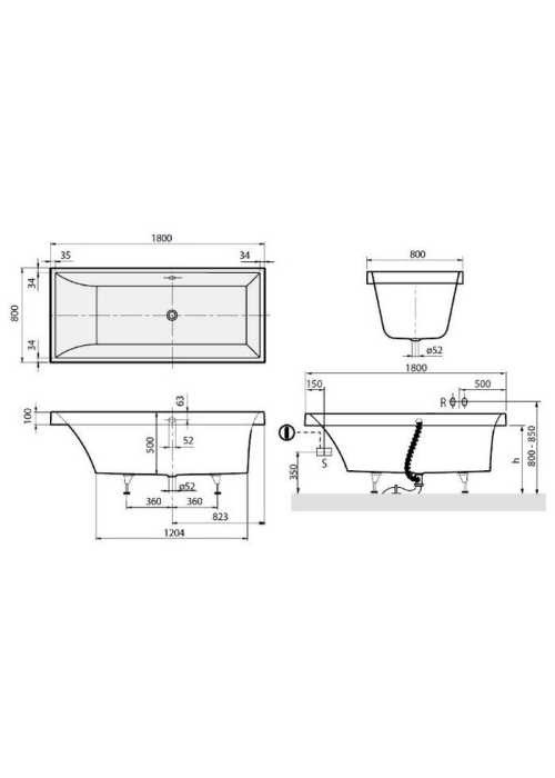 Ванна прямоугольная VILLEROY&BOCH SQUARO 180*80см, в комплекте с ножками, UBQ180SQR2V-01