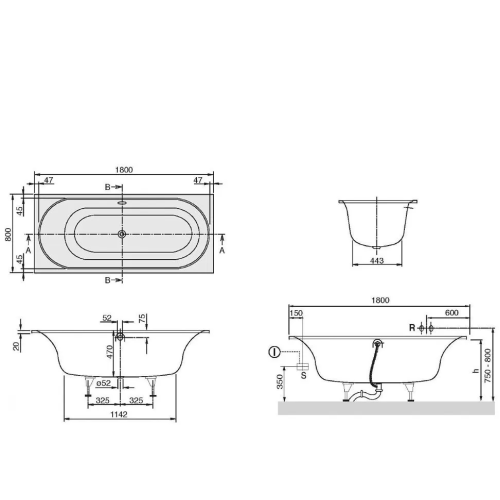 Ванна прямоугольная  VILLEROY & BOCH Cetus 180x80см UBQ180CEU2V-01 с ножками