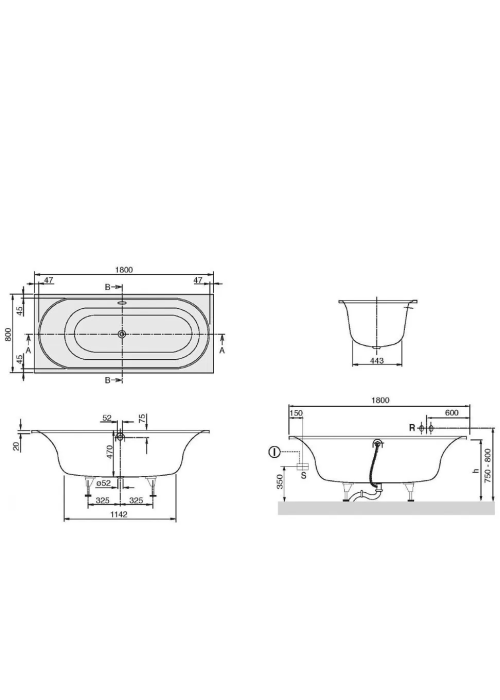 Ванна прямоугольная  VILLEROY & BOCH Cetus 180x80см UBQ180CEU2V-01 с ножками