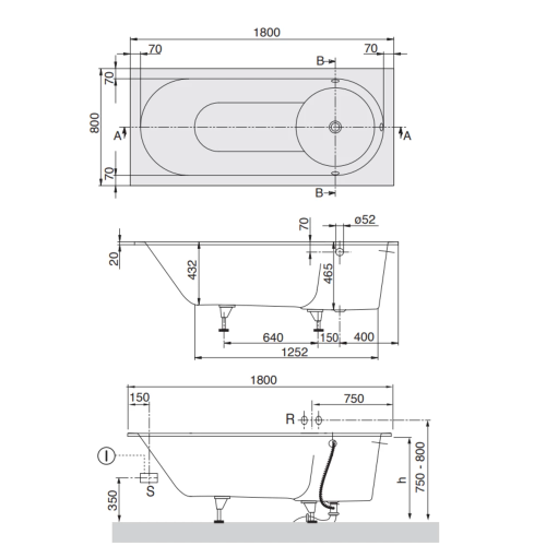 Ванна прямоугольная  VILLEROY & BOCH Libra 180x80см uBQ180LIB2V-01 с ножками