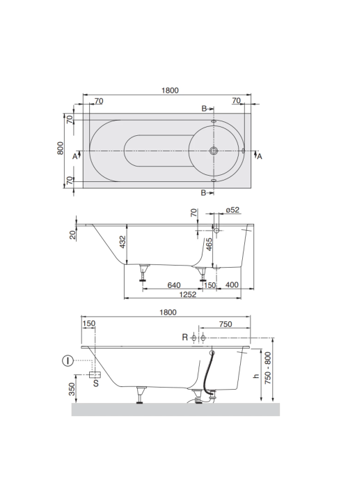 Ванна прямоугольная  VILLEROY & BOCH Libra 180x80см uBQ180LIB2V-01 с ножками